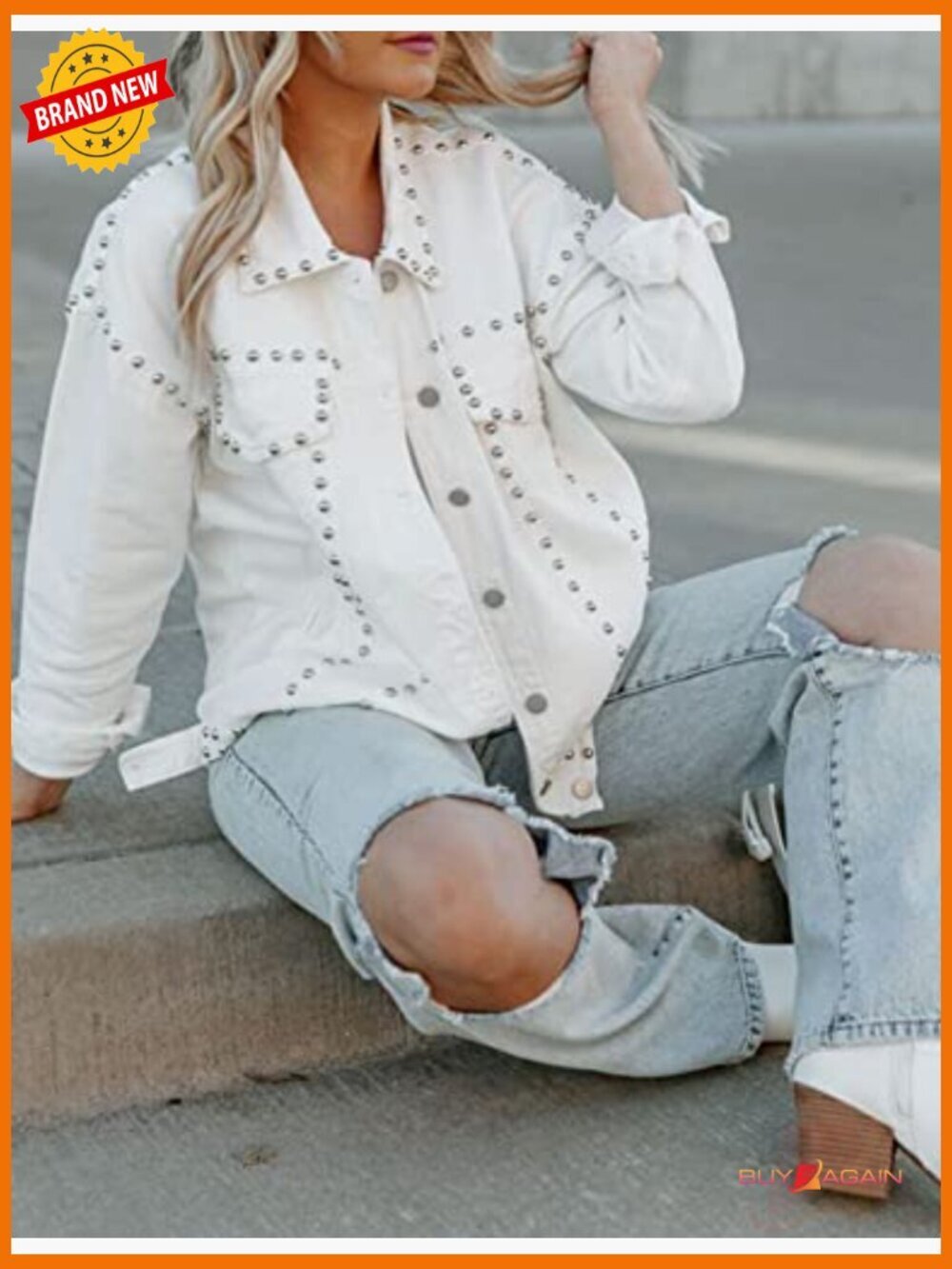 Crop Fringe Denim Jacket Distressed Western Studded Trucker Jacket - Picture 6 of 7